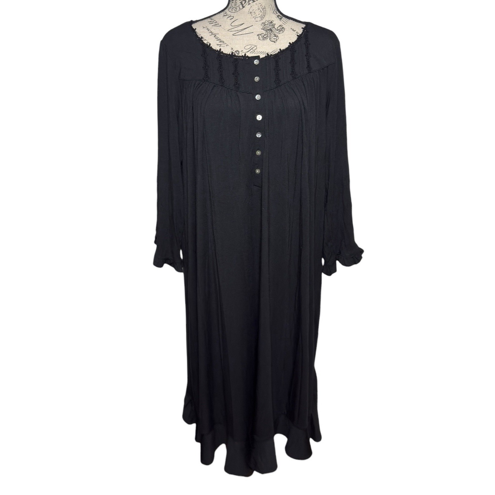 Eileen West Nightgown Xl Black Midi Waltz Modal Ruffle Sleeves Babydoll Nightie